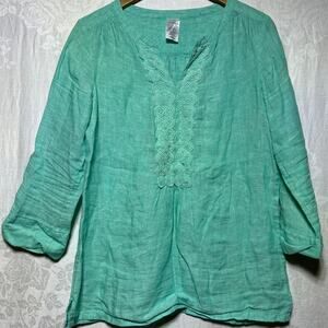 Lands End 100% Linen Tunic 8 Turquoise Green Embroidered Long